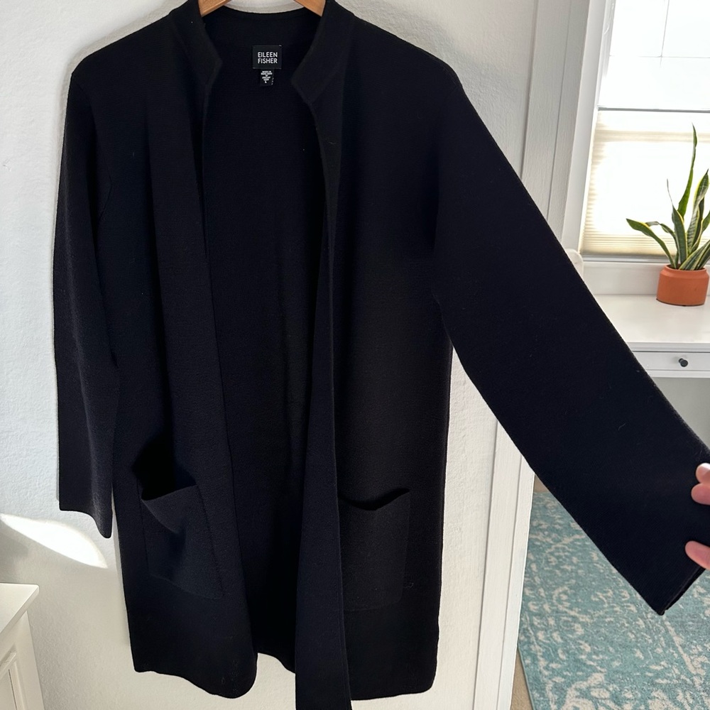 Vintage Eileen Fisher Italian Wool Black Long Open-Front Knit Cardigan